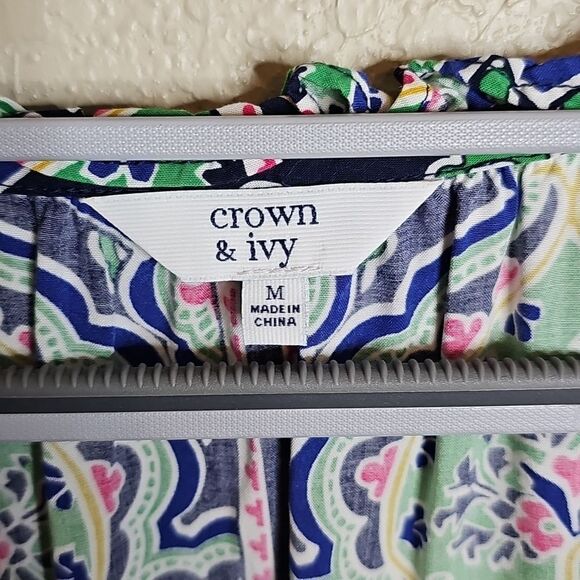 Crown & Ivy Tile Patterned Blue and Green Long Sleeve Blouson Peasant Dress - Picture 5 of 8